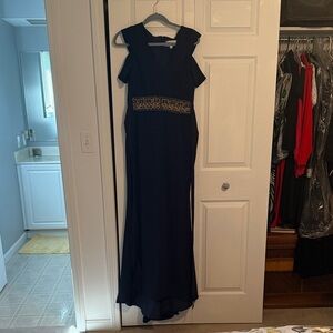 Badgley Mischka Navy Maxi Gown with Beaded Waistband